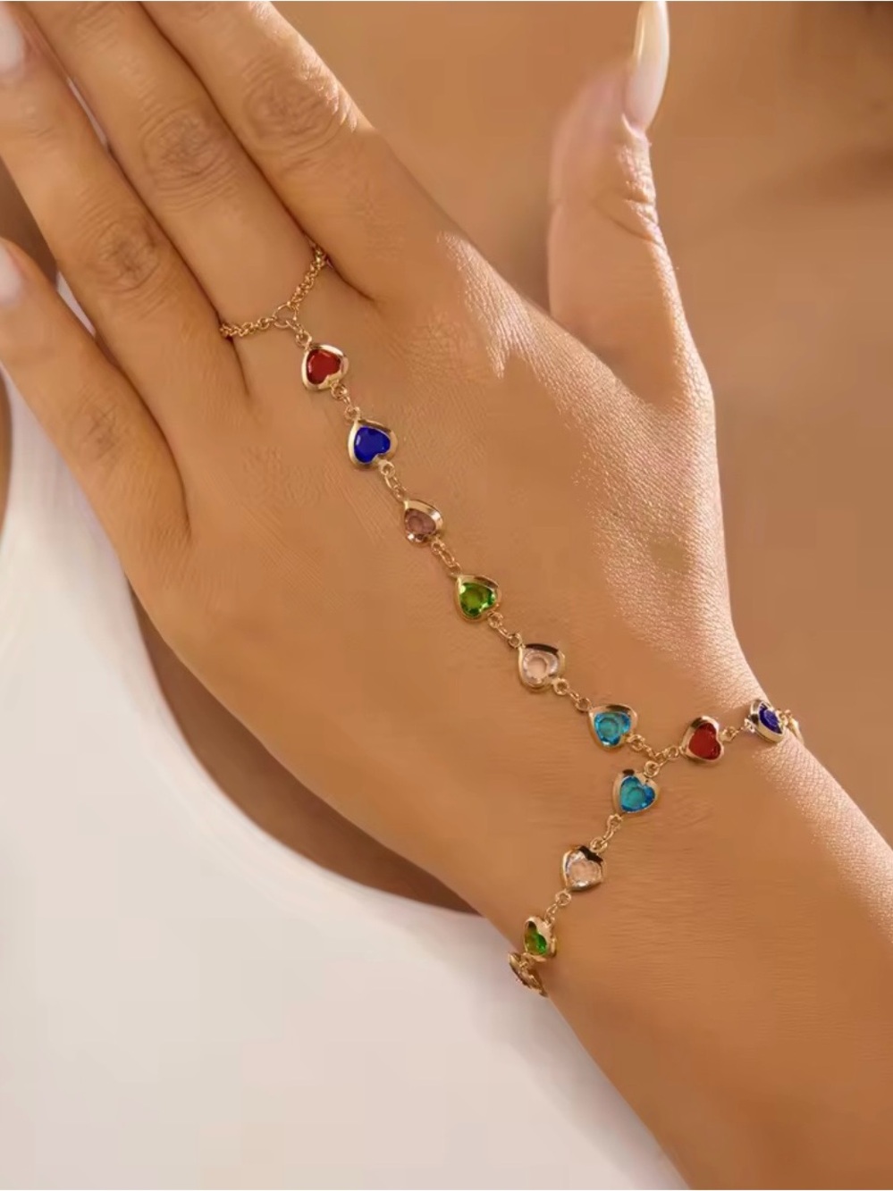 Gold-Tone Multi-Color Heart Charm Hand Chain Bracelet